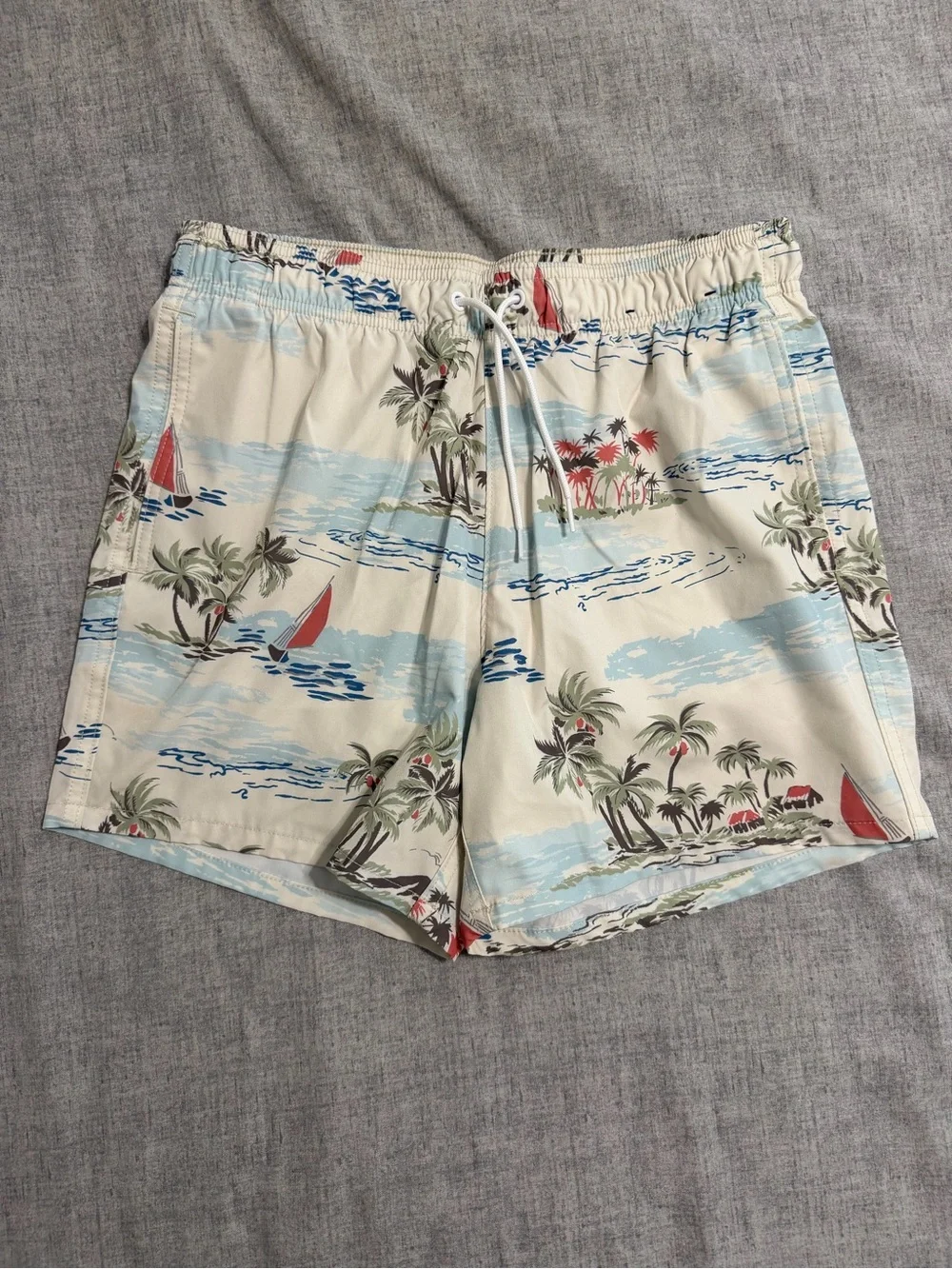 Hollister Cream Tropical Print Swim Trunks with Blue and Red Accents